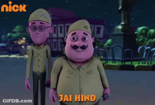 Two Cartoon Characters Are Standing Next To Each Other With Jai Hind Written On The Bottom GIF