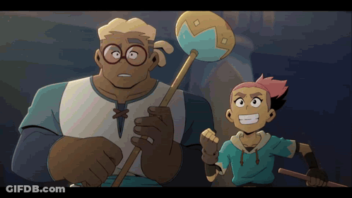 Two Cartoon Characters Are Standing Next To Each Other With One Holding A Hammer GIF
