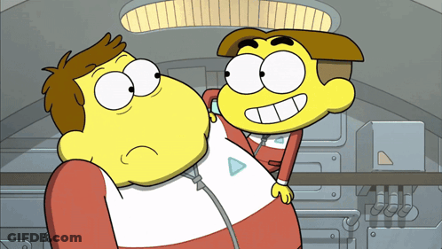 Two Cartoon Characters Standing Next To Each Other GIF