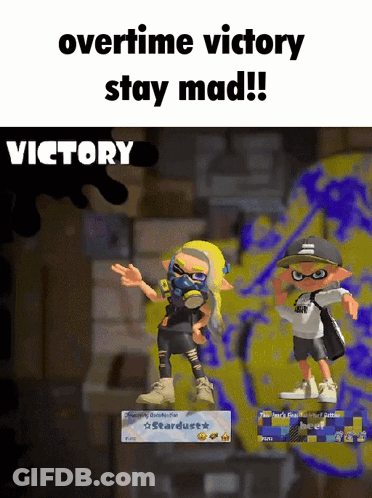 Two Cartoon Characters Are Standing Next To Each Other With The Caption Overtime Victory Stay Mad GIF