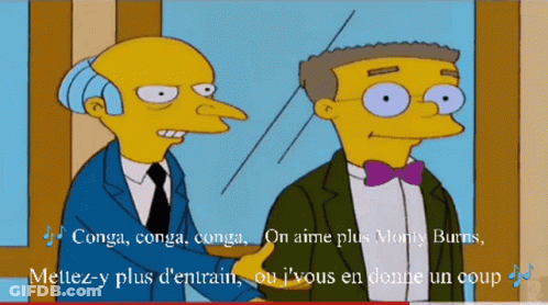 Two Cartoon Characters Are Standing Next To Each Other With The Words Conga Conga Conga On Aime Plus Morty Burns At The GIF