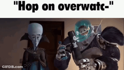 Two Cartoon Characters Are Standing Next To Each Other With The Words " Hop On Overwatc " On The Bottom GIF