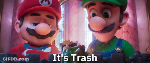 Two Cartoon Characters Are Standing Next To Each Other With The Words " It 'S Trash " Written Above Them GIF