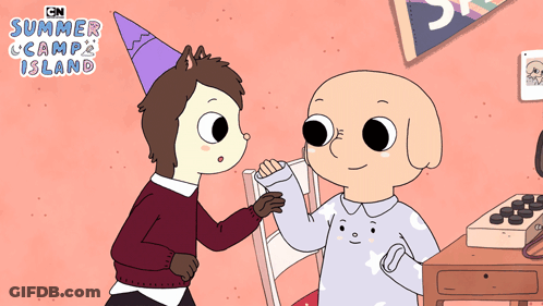 Two Cartoon Characters Are Standing Next To Each Other With The Words Summer Camp Island On The Bottom Right GIF