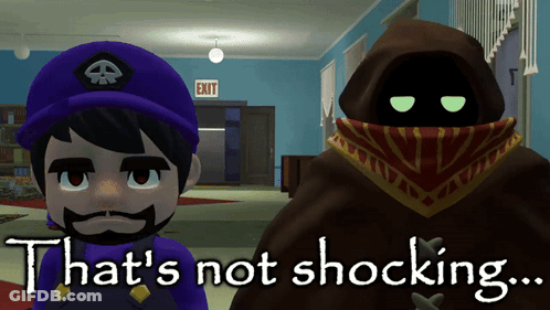 Two Cartoon Characters Are Standing Next To Each Other With The Words That 'S Not Shocking Below Them GIF