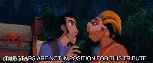 Two Cartoon Characters Are Standing Next To Each Other With The Words " The Stars Are Not In Position For This Tribute " GIF