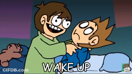 Two Cartoon Characters Are Standing Next To Each Other With The Words Wake Up Written On The Bottom . GIF