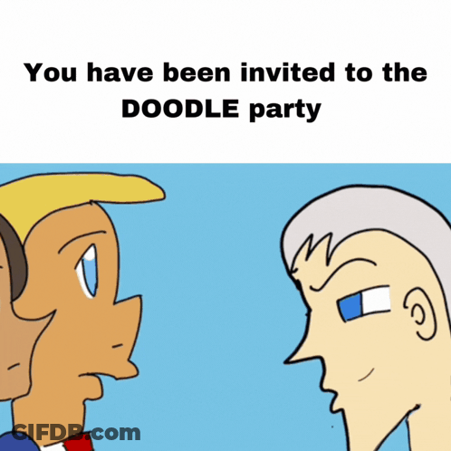 Two Cartoon Characters Are Standing Next To Each Other With The Words " You Have Been Invited To The Doodle Party " GIF