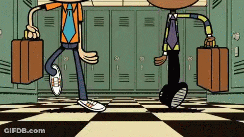 Two Cartoon Characters Are Walking In A Hallway Carrying Suitcases . GIF