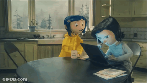 Two Cartoon Characters At Table With I Love Wish Mug GIF