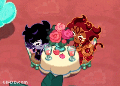 Two Cartoon Characters At Table With Vase Of Flowers And Wine Glasses GIF