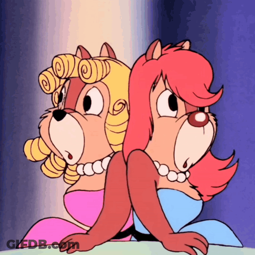 Two Cartoon Characters Back To Back In Pearls And Dresses GIF