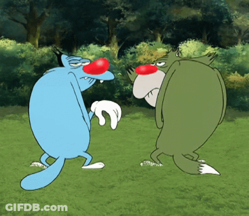 Two Cartoon Characters Blue And Green In Grassy Field GIF
