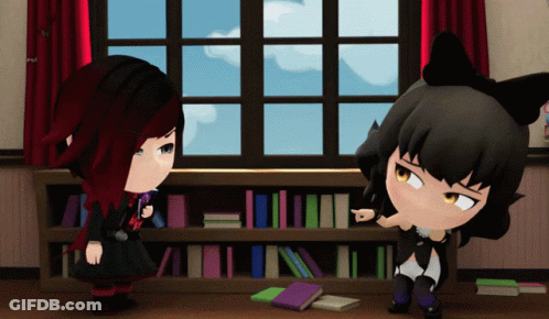 Two Cartoon Characters By Bookshelf GIF