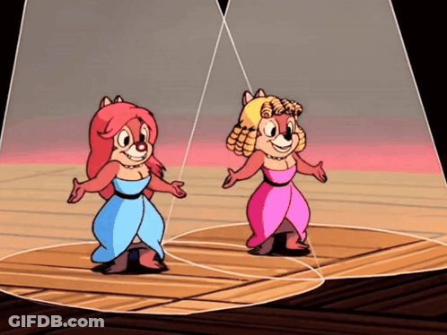 Two Cartoon Characters Dancing In Blue And Pink Dresses GIF