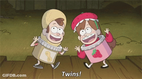 Two Cartoon Characters Dressed As Peanut Butter And Strawberry Jars Saying Twins GIF