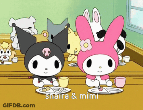 Two Cartoon Characters Eating At Table With Shaira & Mimi GIF