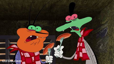 Two Cartoon Characters Eating Sausages By Le Crepe Sign GIF