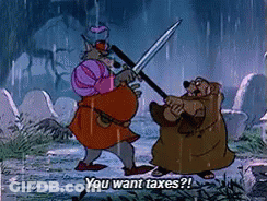 Two Cartoon Characters Fighting In Rain One Holding Sword You Want Taxes GIF