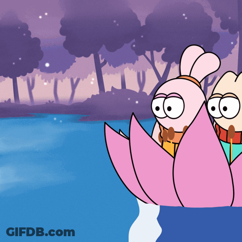Two Cartoon Characters Floating On Pink Flower In River GIF