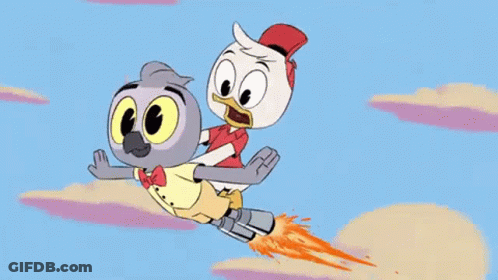 Two Cartoon Characters Flying In Sky GIF
