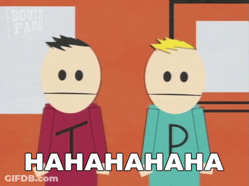 Two Cartoon Characters From South Park Are Standing Next To Each Other And Laughing GIF