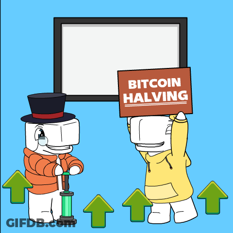 Cartoon Characters Holding Bitcoin Halving Sign GIF