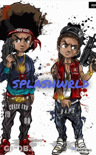 Two Cartoon Characters Holding Guns With The Words Splashworld Written On The Bottom GIF