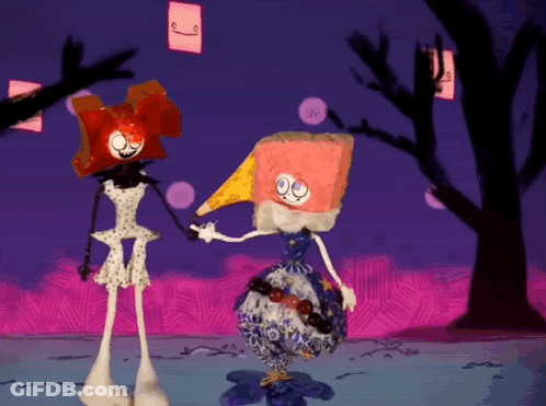 Two Cartoon Characters Holding Hands By Tree On Purple GIF