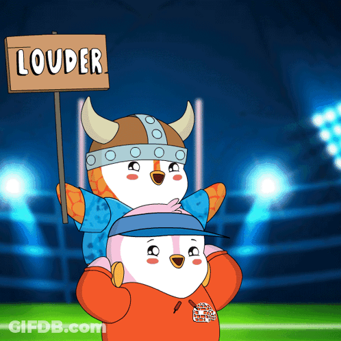 Two Cartoon Characters Holding Sign Saying Louder GIF