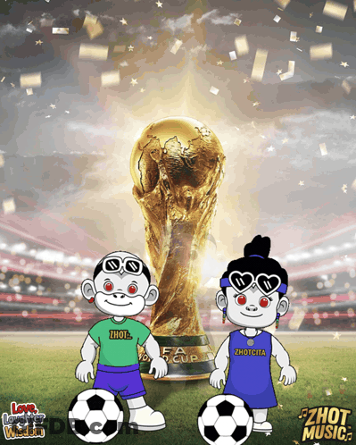 Two Cartoon Characters Holding Soccer Balls Near Trophy GIF