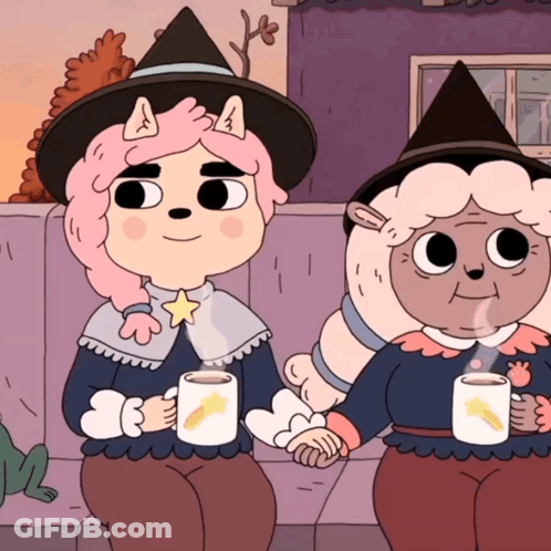 Two Cartoon Characters Holding Tea GIF