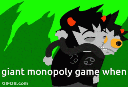 Two Cartoon Characters Hugging Giant Monopoly Game When GIF