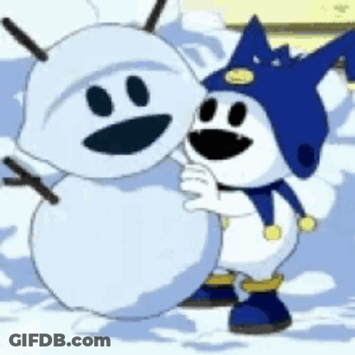Two Cartoon Characters Hugging In Snow GIF