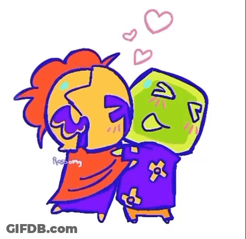 Two Cartoon Characters Hugging With Hearts GIF