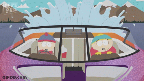 Two Cartoon Characters In Boat Saying South Park GIF