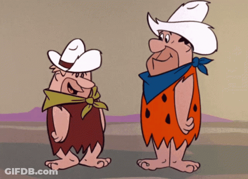 Two Cartoon Characters In Cowboy Hats And Scarves GIF