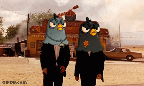 Two Cartoon Characters In Front Of Angry Birds Building GIF