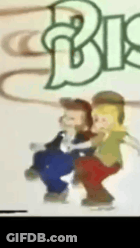 Two Cartoon Characters In Front Of Bis GIF