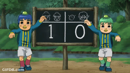 Two Cartoon Characters In Front Of Blackboard With 1 And 0 GIF