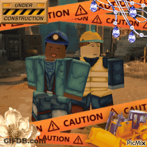 Two Cartoon Characters In Front Of Construction Sign GIF