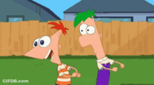 Two Cartoon Characters In Front Of Fence GIF