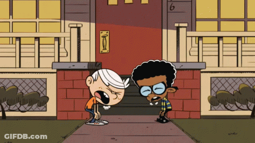 Two Cartoon Characters In Front Of House With Number 6 On Door GIF