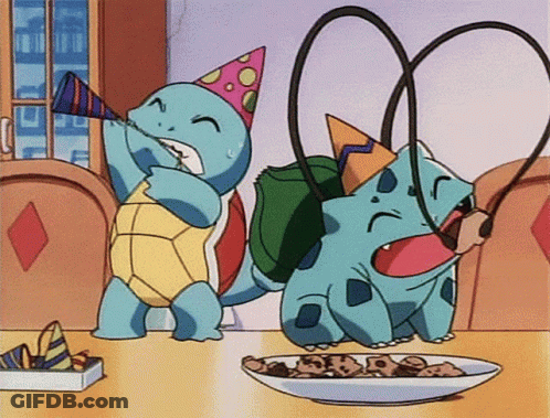 Two Cartoon Characters In Party Hats Eating Cookies GIF