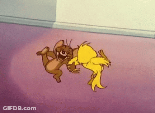 Two Cartoon Characters , Jerry And Tweety , Are Dancing Together On A Purple Carpet . GIF