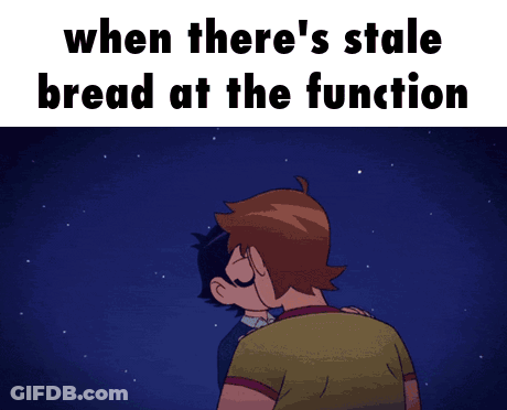 Two Cartoon Characters Kissing In Front Of A Fireworks Display With The Caption When There 'S Stale Bread At The Functio GIF