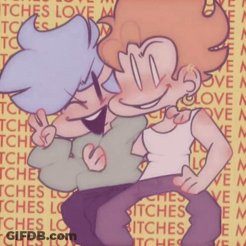 Two Cartoon Characters Kissing With Letter M GIF