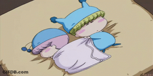 Two Cartoon Characters Laying Next To Each Other On A Blanket With The Letters Aoluki Visible GIF