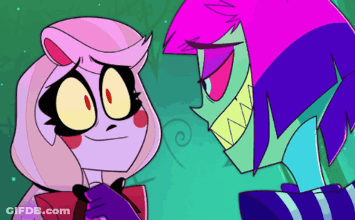 Two Cartoon Characters Looking At Each Other Green Background GIF