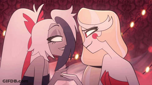 Two Cartoon Characters Looking At Each Other Red Background GIF